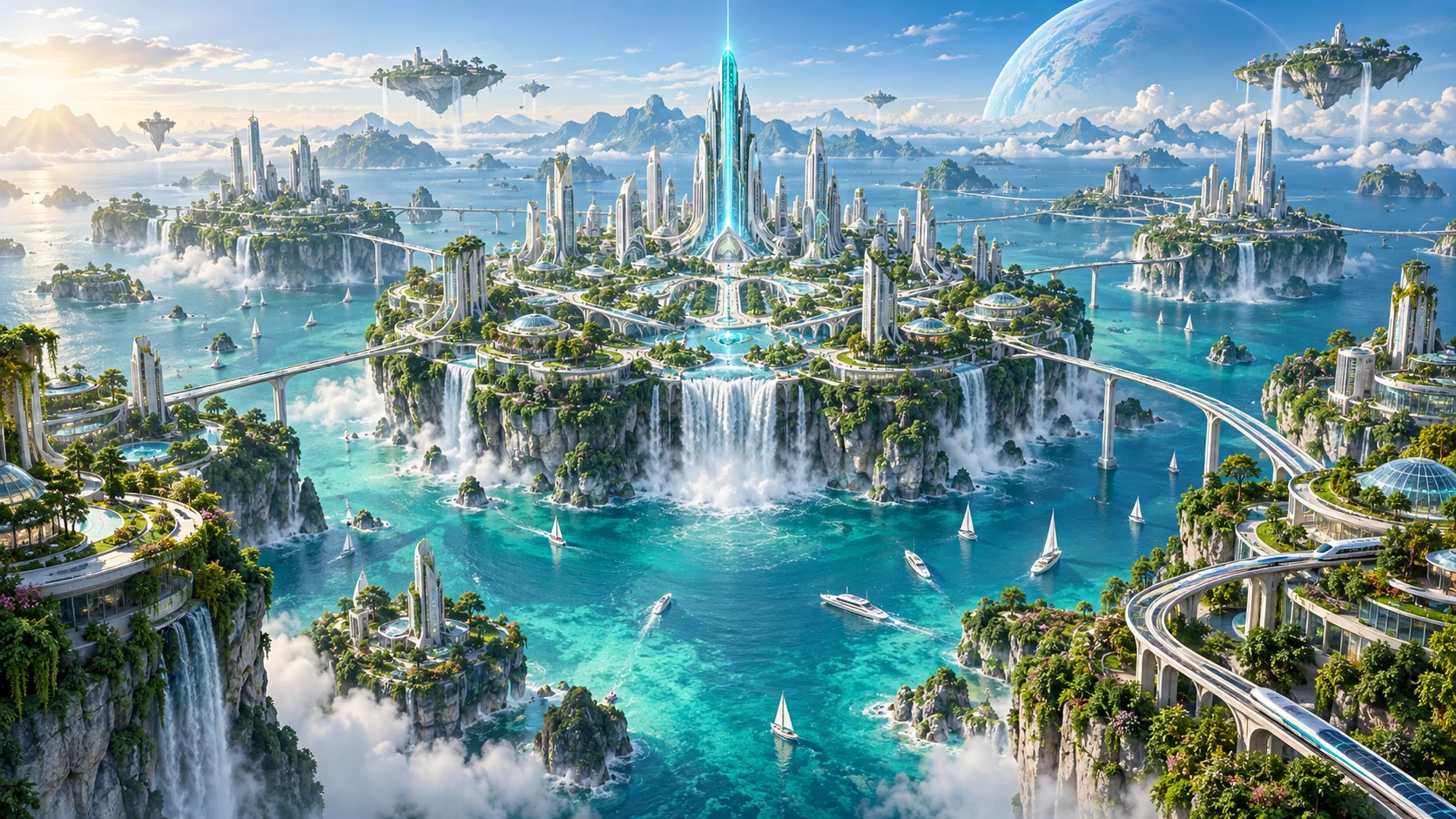 Garden cities connected across a turquoise ocean